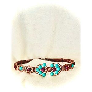 Handmade Copper Bracelet with Turquoise and Cranberry Beads